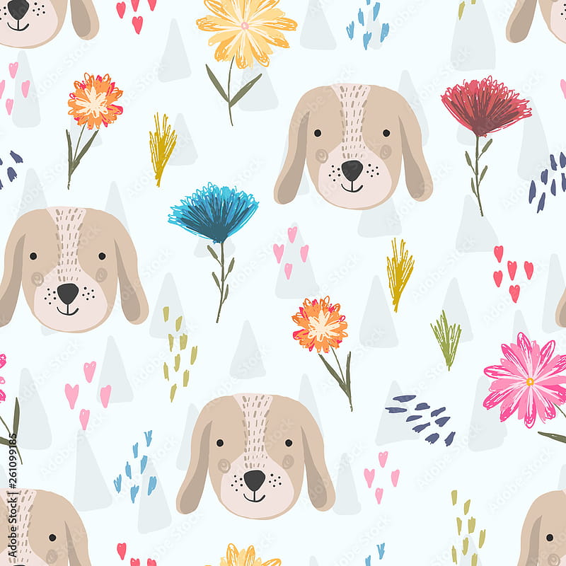 Cute seamless pattern with cartoon colorful dog heads, pink hearts