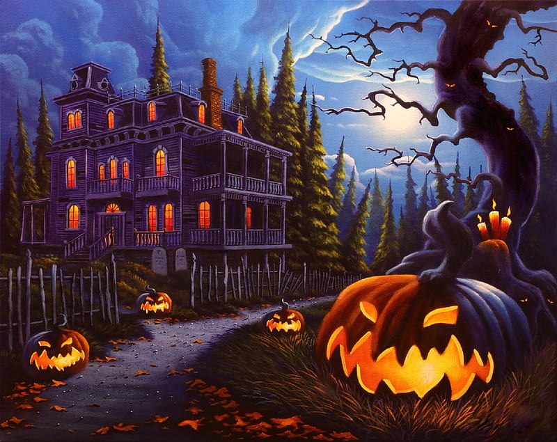Halloween Jack-O-Lanterns, moons, autumn, fall season, holiday, haunted  house, HD wallpaper | Peakpx