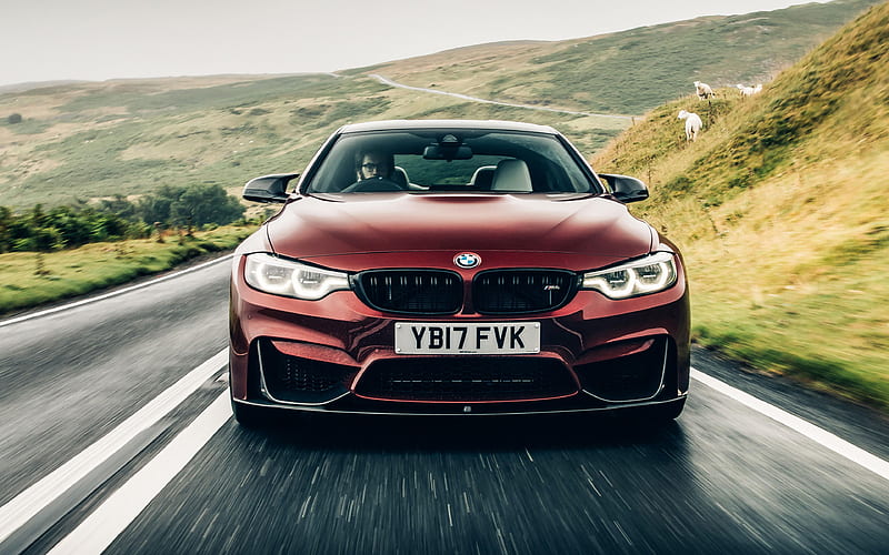 BMW M4, 2018, front view, red m4, red sports coupe, M4 right steering wheel, UK, BMW, HD wallpaper