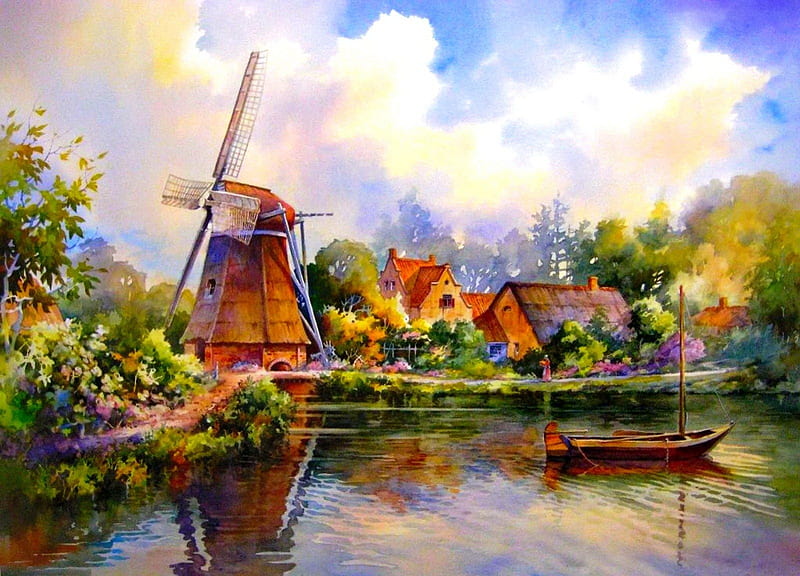 Village on the riverbank, pretty, colorful, windmill, riverbank, cottage, mill, cabin, bonito, clouds, countryside, nice, boats, dock, painting, village, river, lovely, houses, wind, creek, sky, trees, water, summer, nature, HD wallpaper