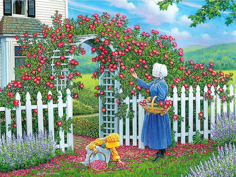 The Rose Arbor, woman, roses, fence, house, painting, child, artwork, HD wallpaper