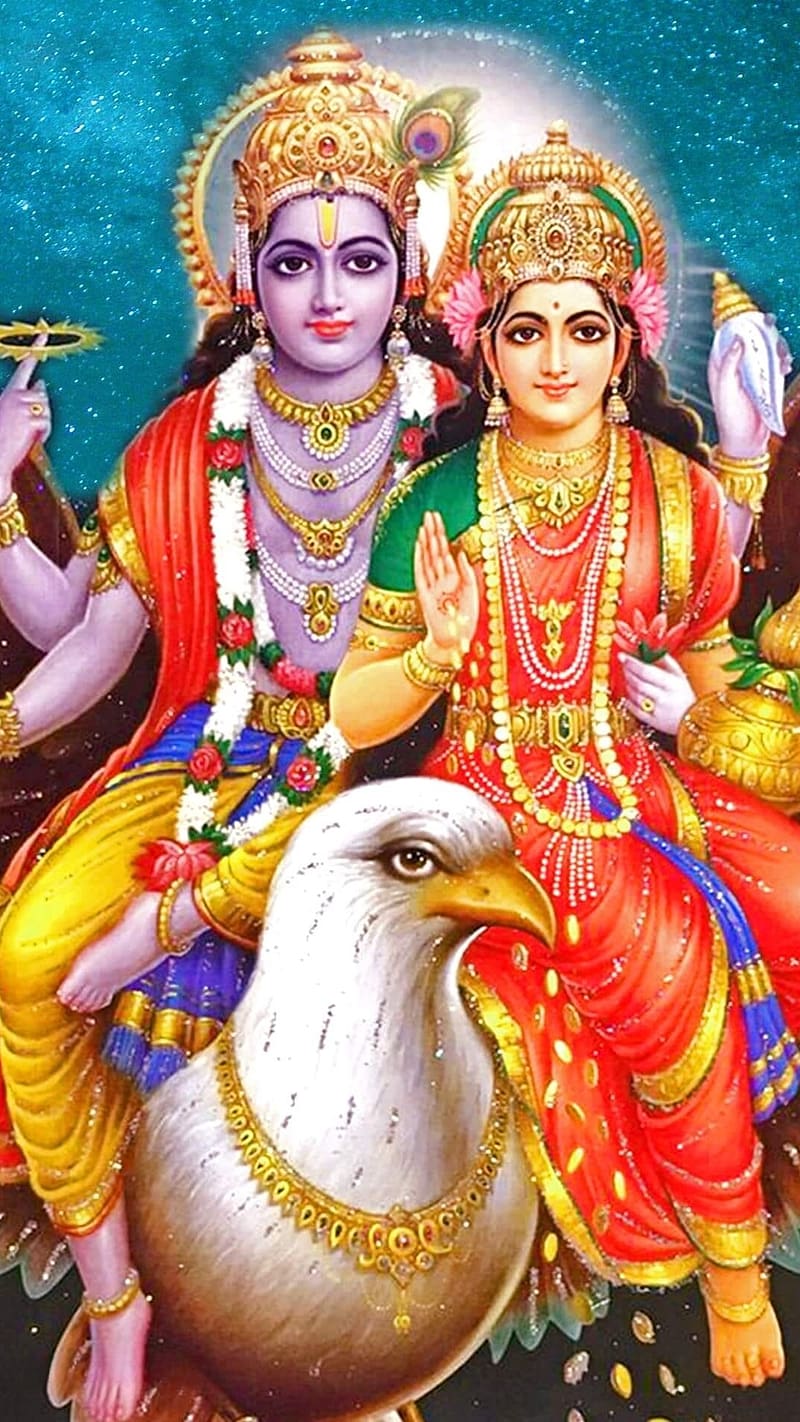 Vishnu Lakshmi On Garud Giving Blessings, vishnu lakshmi, garud, vishnu lakshmi giving blessings, lord, goddess, HD phone wallpaper