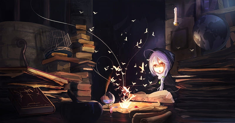 Amazing!, female, books, purple hair, magic, board, butterfly, cage, anime, magi the labyrinth of magic, HD wallpaper