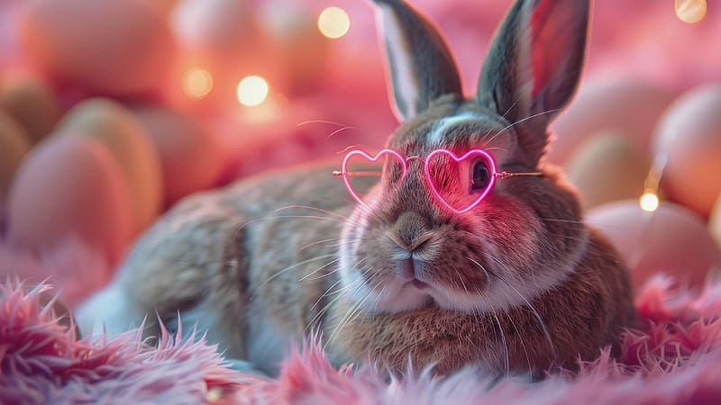 Happy Easter!, rabbit, glasses, cute, heaet, bunny, pink, eggs, iepure, easter, card, HD wallpaper