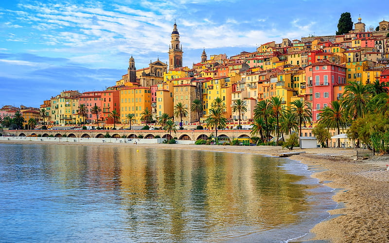 Colorful Old Town Menton on French Riviera, colorful, houses, town, France, sky, clouds, palms, sea, beach, Mediterranean Sea, sand, water, Riviera, medieval, medieval town, Menton, HD wallpaper