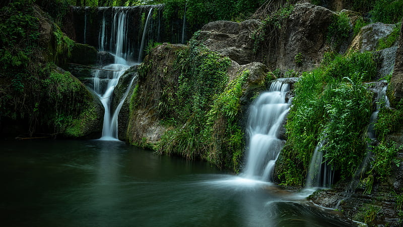 Waterfall Stream Between Green Plants Covered Rock Pouring On River Nature, HD wallpaper