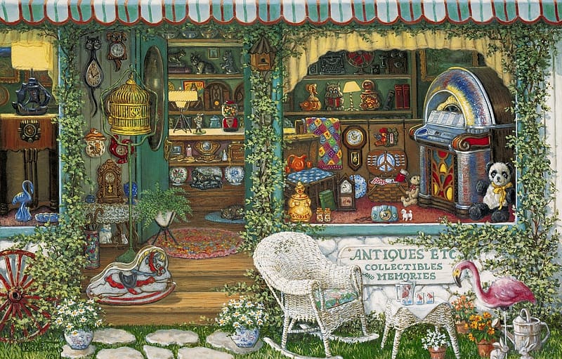 Antiques, stuff, art, pictura, janet kruskamp, painting, HD wallpaper