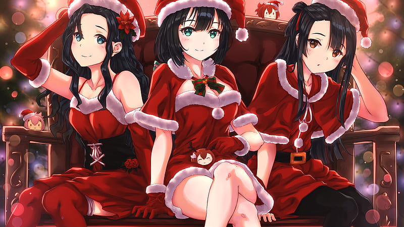 Anime, Yuuki Yuuna wa Yuusha de Aru, Christmas, Girl, Koori Chikage, Miroku Renge, Santa Hat, Togo Mimori, HD wallpaper