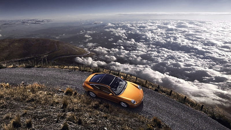 porsche carrera gt climbing a mountain, maountain, road, clouds, car, HD wallpaper