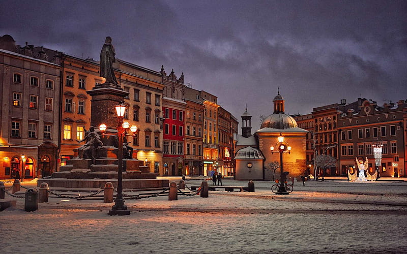 Krakow, Poland, monument, houses, Poland, Krakow, dusk, chapel, winter, lights, HD wallpaper