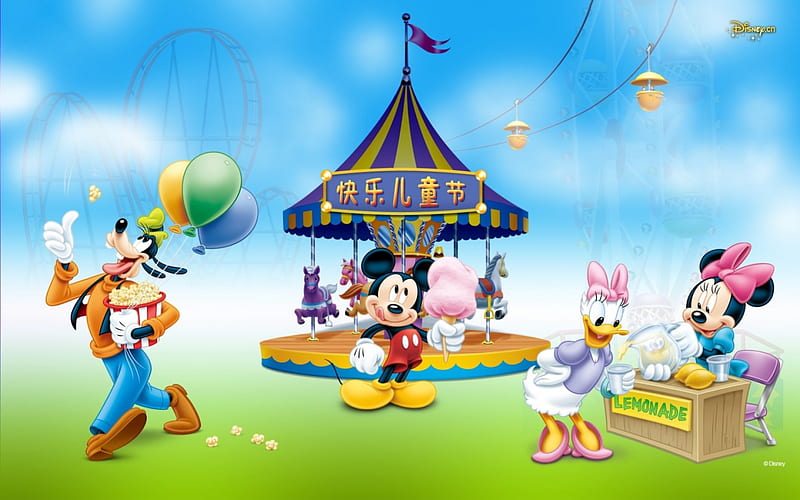 Happy Children's Day!, minnie mouse, movie, children, daisy duck, park, mickey mouse, balloon, fantasy, green, day, gooffy, disney, blue, HD wallpaper