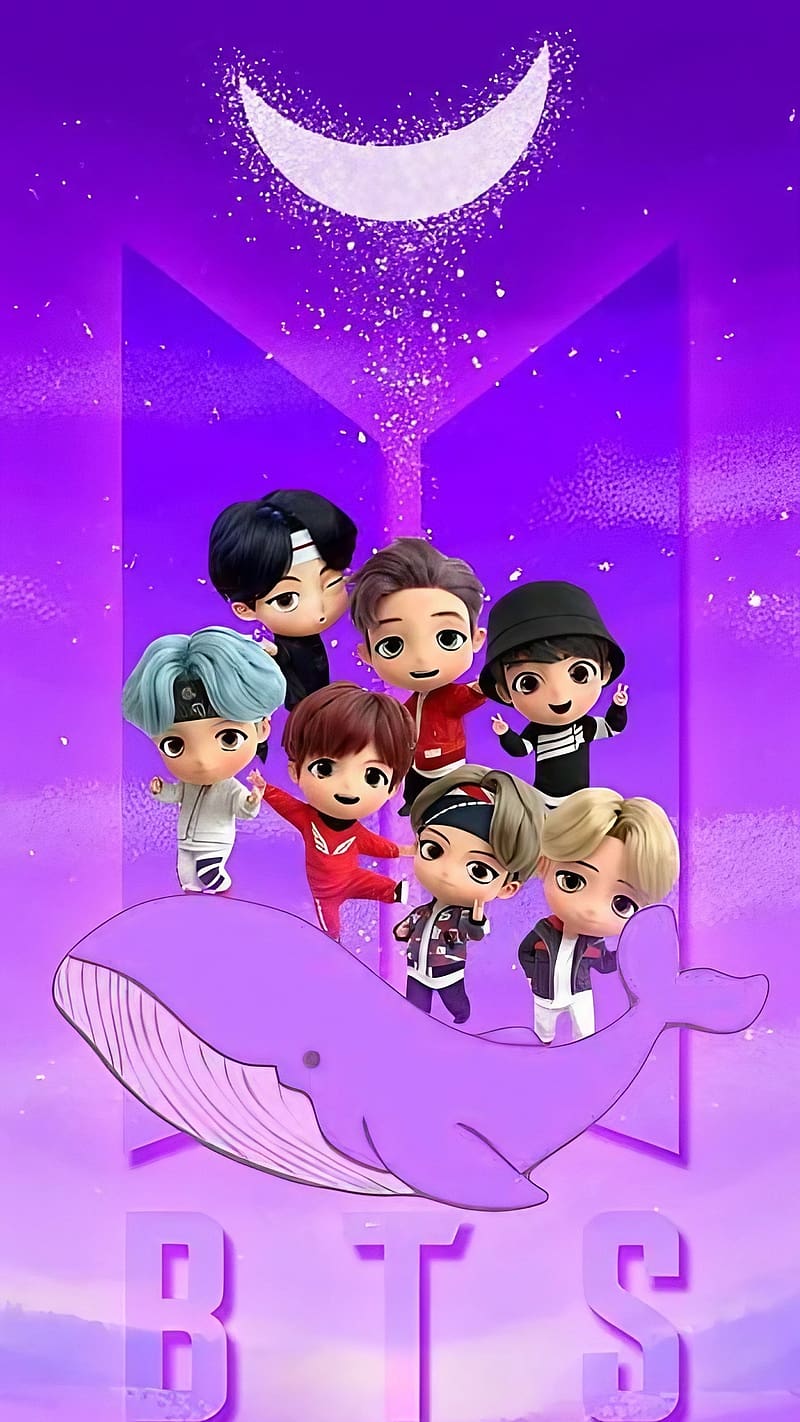 Bts For, Standing On Whale, Purple Background, cartoon art, HD phone wallpaper
