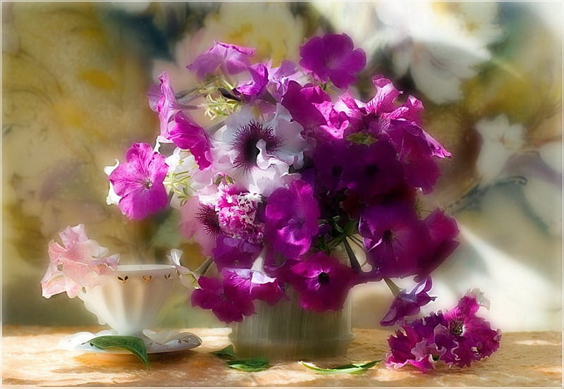 purple blossom, cup, table, flowers, flowerpot, HD wallpaper