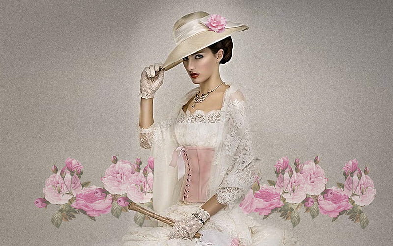 Softness Vintage Beauty, lovely, model, roses, woman, softness, hat, femimine, Fashion, flowers, lady, vintage, HD wallpaper