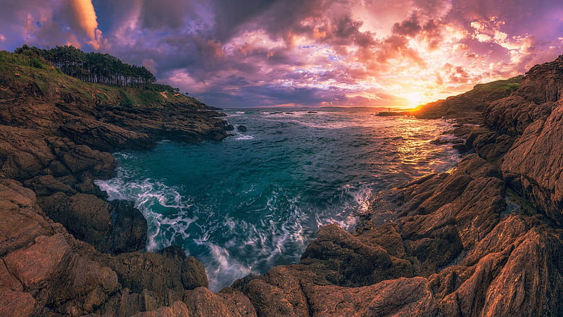Coast of Galicia, Spain, ocean, colors, clouds, sky, atlantic, rocks, sun, HD wallpaper