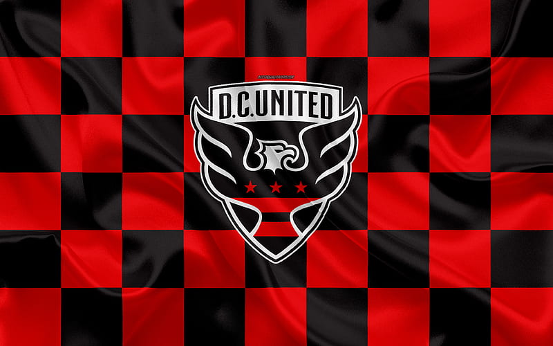 DC United logo, creative art, red black checkered flag, American Soccer club, MLS, emblem, silk texture, Washington, USA, football, Major League Soccer, HD wallpaper