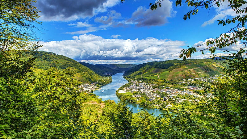 Mosel river, Punderich, Germany, hills, village, ladscape, clouds, trees, sky, HD wallpaper