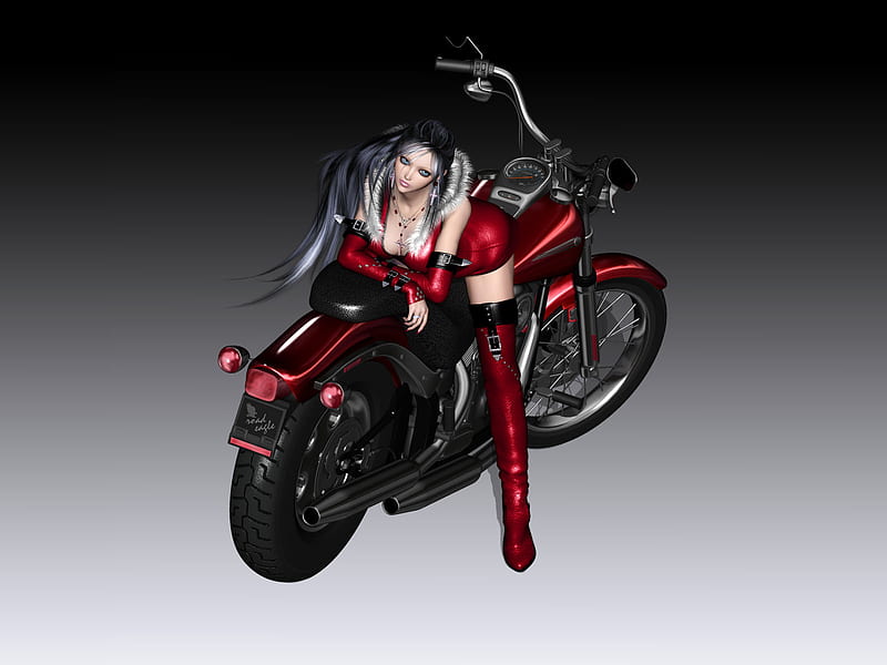 Eccentric Santa girl, red, female, cg, black, abstract, sexy, motorcycle,  3d, HD wallpaper | Peakpx