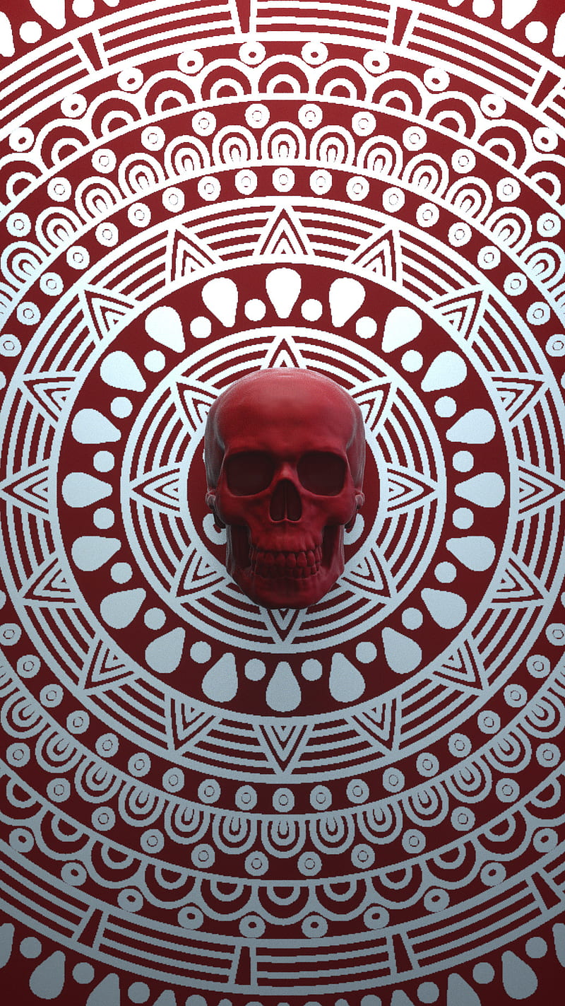mandala skull, abstract, digital art, mandala, pattern, red, silver, skull, white, HD phone wallpaper