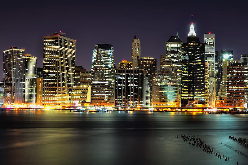 Night in Manhattan, architecture, nyc, new york, background, downtown, lights, modern, city, skyline, night, amazing, brooklyn, buildings, town, place, sky, manhattan, east river, water, promenade, popular, landscape, HD wallpaper