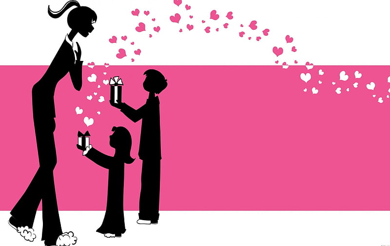 Happy Mother's Day!, children, gift, woman, silhouette, mother, boy, girl, heart, day, child, white, pink, HD wallpaper