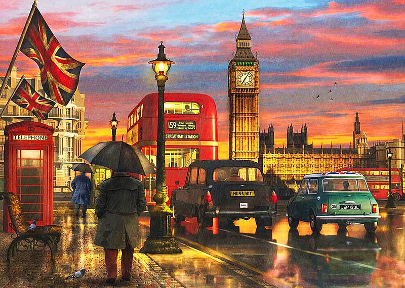 Raining in Parliament Square, carros, flags, bridge, people, london, painting, artwork, bus, HD wallpaper