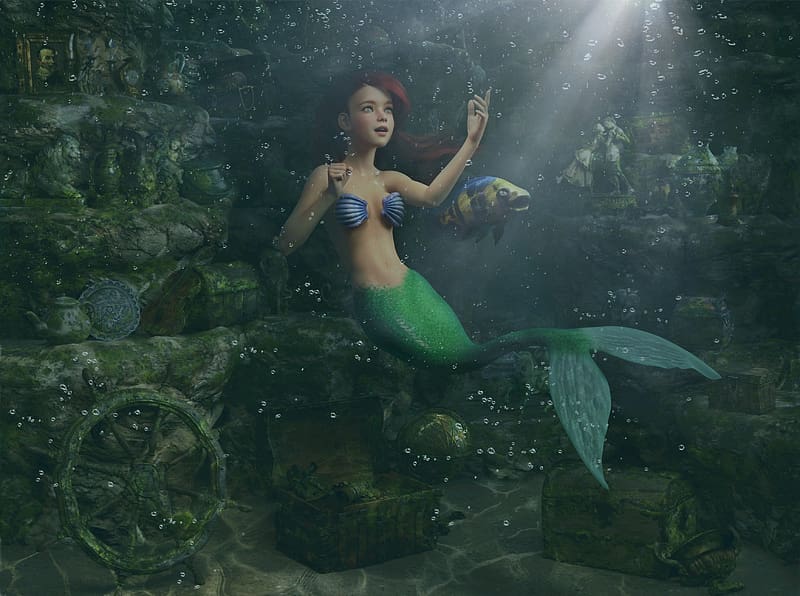 3D, Mermaid, Movie, Red Hair, The Little Mermaid, Ariel (The Little Mermaid), The Little Mermaid (1989), Flounder (The Little Mermaid), HD wallpaper