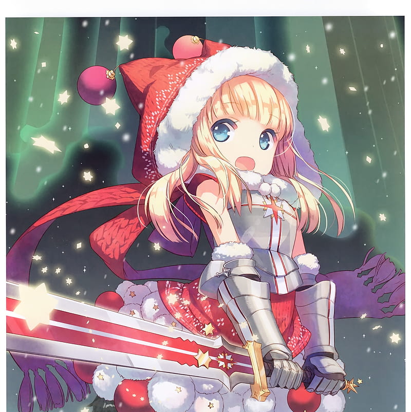 anime girl, christmas, sword, loli, blonde, armor, blue eyes, Anime, HD phone wallpaper