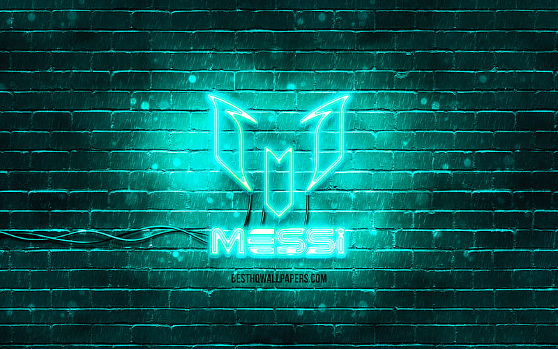 Lionel Messi turquoise logo turquoise brickwall, Leo Messi, fan art, Lionel Messi logo, football stars, Lionel Messi neon logo, Lionel Messi, HD wallpaper