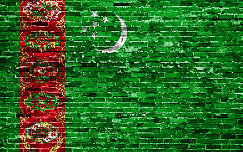 Turkmen flag, bricks texture, Asia, national symbols, Flag of Turkmenistan, brickwall, Turkmenistan 3D flag, Asian countries, Turkmenistan, HD wallpaper