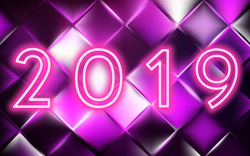 2019 year, square background, creative, purple background, 2019 concepts, neon digits, Happy New Year 2019, HD wallpaper