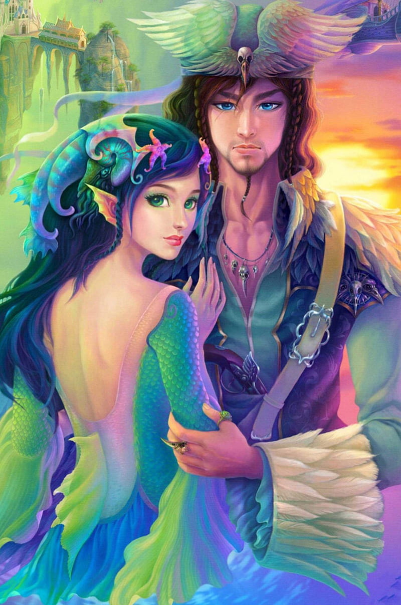 Mermaid love, cartoon, colors, couple, drawn, love, mermaid, pirate, HD phone wallpaper