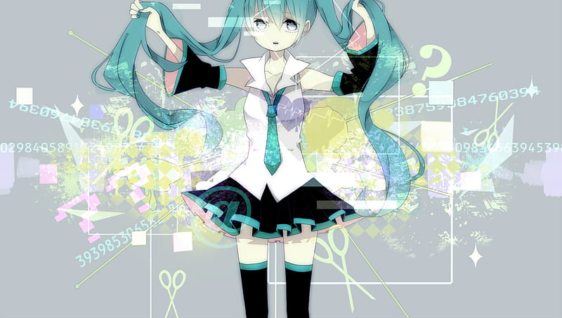 Hatsune Miku, pretty, cg, nice, anime, aqua, beauty, anime girl, vocaloids, art, twintail, skirt, black, miku, singer, sexy, aqua eyes, cute, hatsune, cool, digital, awesome, white, idol, long socks, artistic, gray, tie, bonito, thighhighs, program, green, hot, vocaloid, outfit, music, diva, song, girl, stockings, uniform, virtual, aqua hair, HD wallpaper