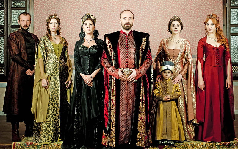 Magnificent Century, red, dress, movie, hurrem, odalisque, sultan suleyman, black, yellow, woman, actress, people, tv series, child, princess, actor, HD wallpaper