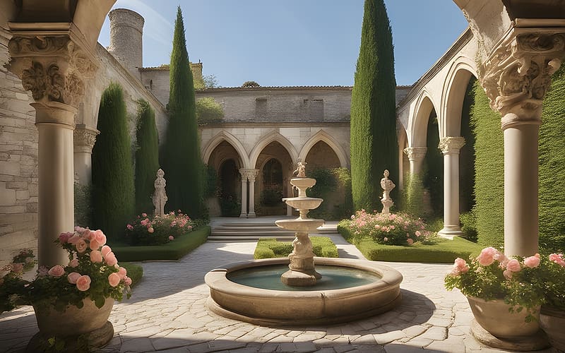 Courtyard, gallery, roses, fountain, AI art, HD wallpaper