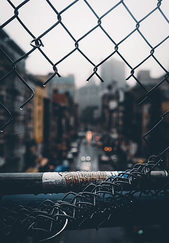 fence, grid, hole, rain, city, blur, HD phone wallpaper
