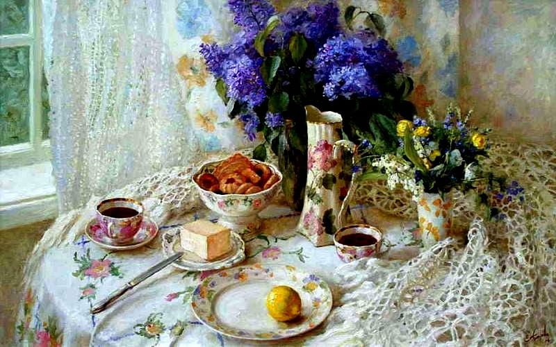 Beautiful Table, window, pitcher, curtain, lilacs, lemon, knife, still life, cookies, butter, teacups, lace tablecloth, flowers, plate, HD wallpaper