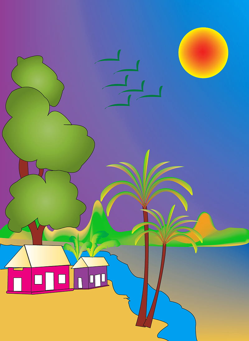 Bangladesh village, little, moon, bird, small house, sea, sun, tree, HD phone wallpaper
