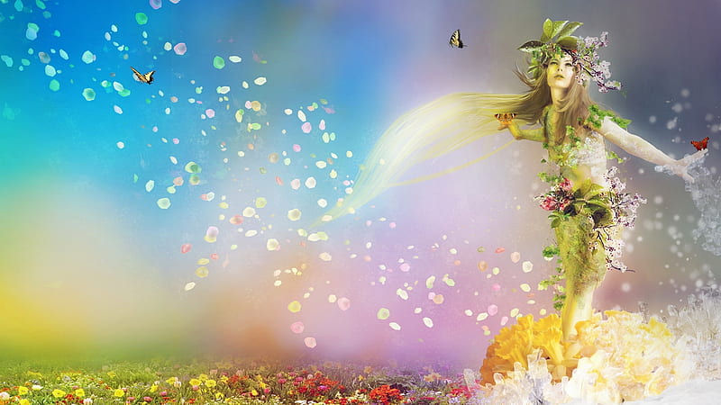Goddess of Spring, blooms, goddess, colorful, flowers, butterflies, HD wallpaper