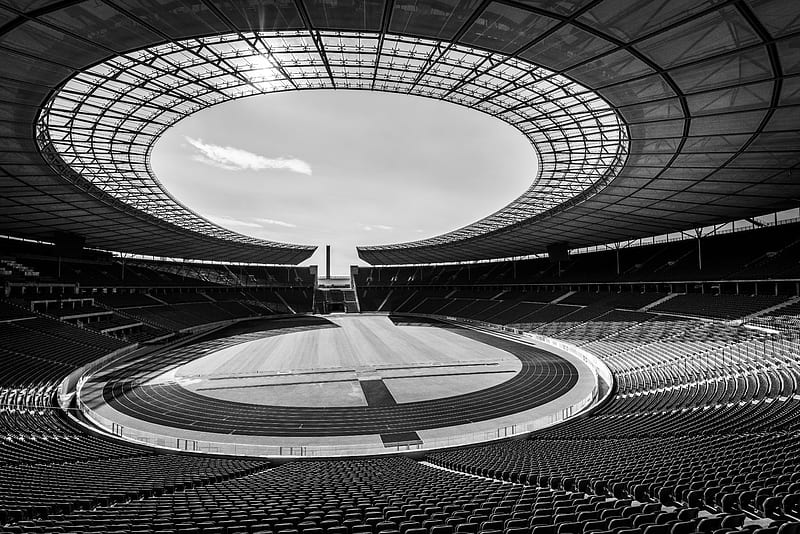 stadium, stands, seats, sports, black and white, HD wallpaper