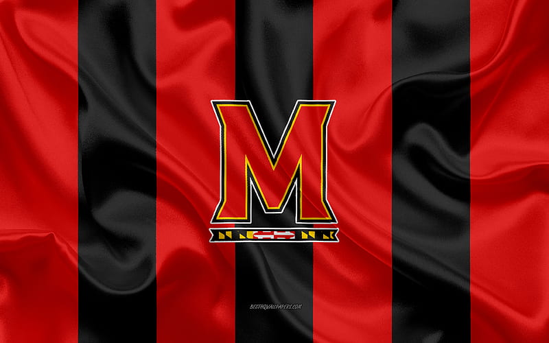 Maryland Terrapins, American football team, emblem, silk flag, red-black silk texture, NCAA, Maryland Terrapins logo, College Park, Maryland, USA, American football, University of Maryland, HD wallpaper