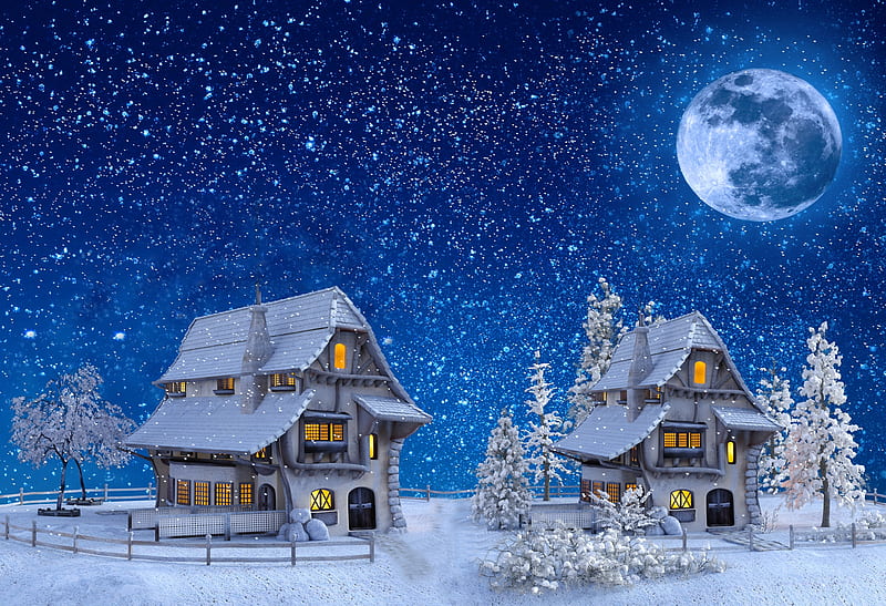 christmas, snow, houses, moon, stars, 3d model, trees, sky, 3D, HD wallpaper