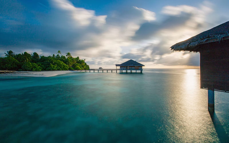 Maldives, sunset, summer, sea, resort, Asia, HD wallpaper