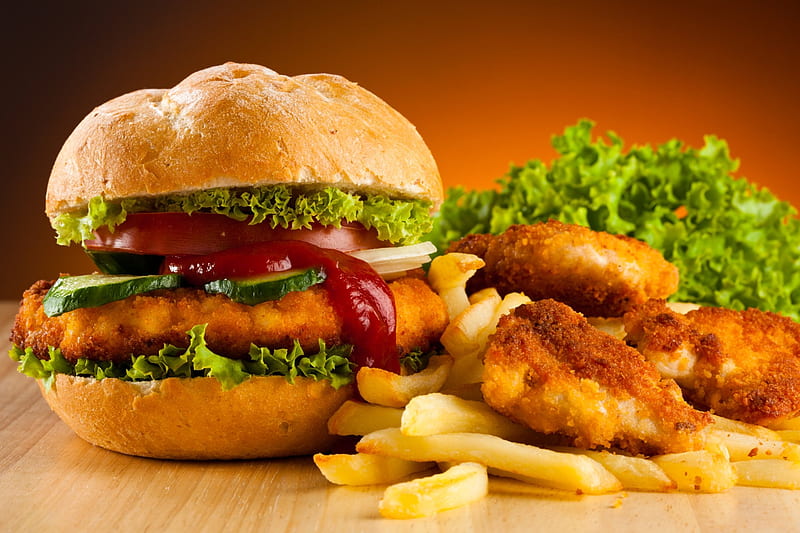 chicken burger, fries, sauce, chicken, burger, HD wallpaper
