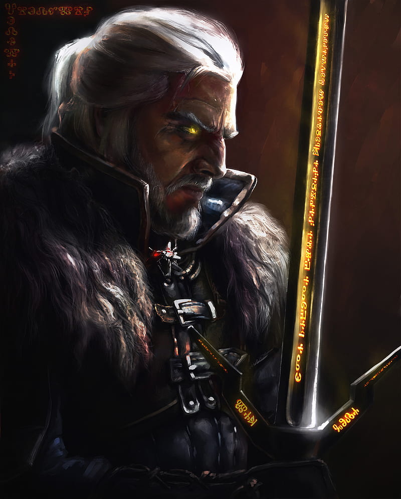 video game art, fan art, digital art, Geralt of Rivia, The Witcher, artwork, white hair, The Witcher 3: Wild Hunt, glowing eyes, video game man, fantasy art, ArtStation, video game characters, runes, fur coats, beards, leather jackets, leather armor, fur jacket, HD phone wallpaper