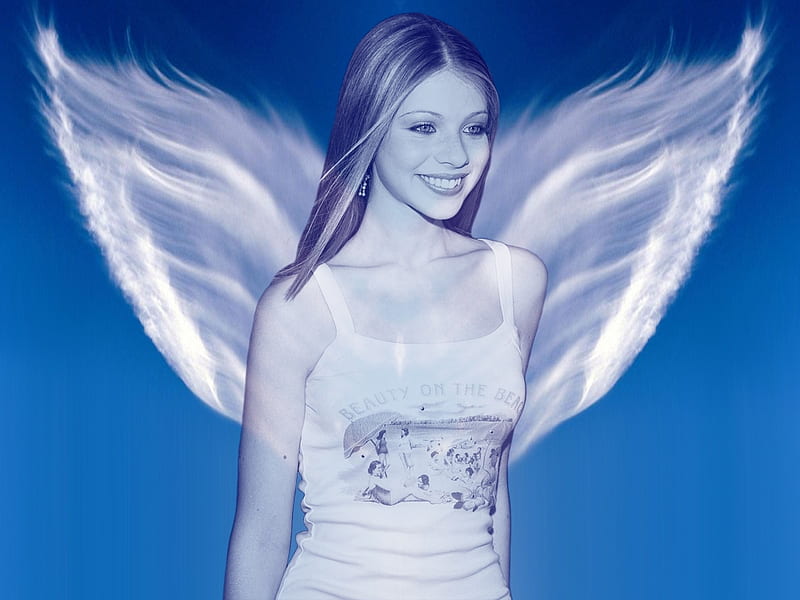 Sweet Angel, wings, model, angel, bonito, smile, woman, blue, HD wallpaper