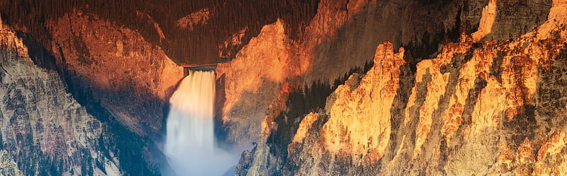 Lower Falls of the Yellowstone River Sunrise Ultra, United States, Wyoming, Travel, Nature, Waterfall, Park, Attraction, Yellowstone, Spectacular, unitedstates, traveldestination, HD wallpaper