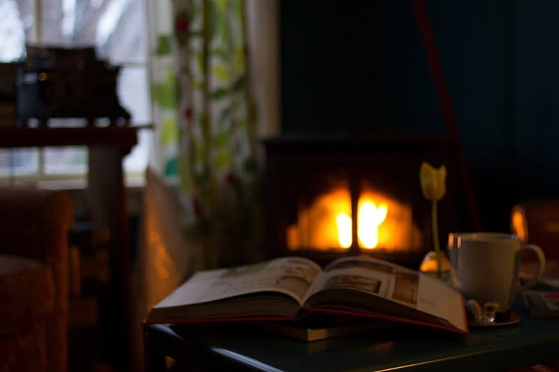 A comfy place, comfy, coffee, reading, book, fire place, winter, HD wallpaper