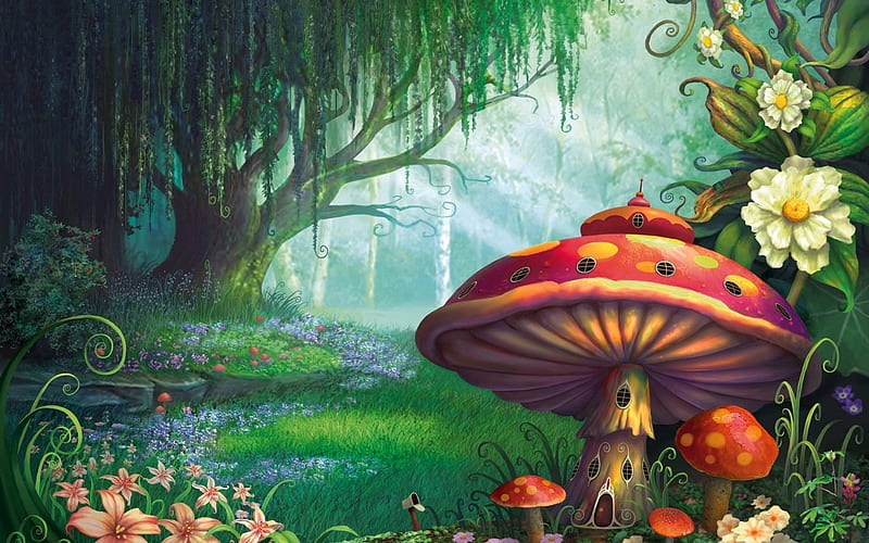 mushroom house, mushroom, forest, house, enchanted, HD wallpaper