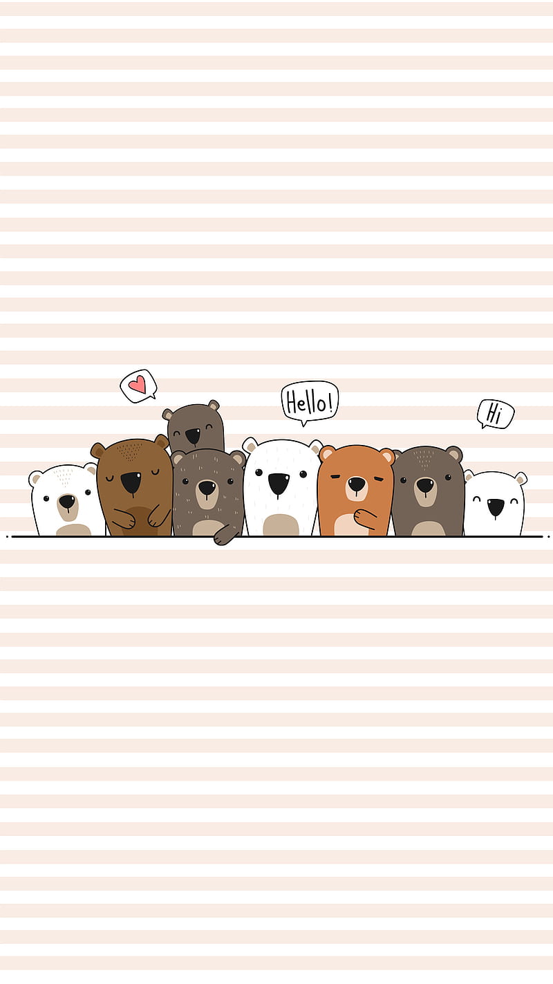 Bears Say Hi, Kiss, brown, cute, heart, hello, orange, stripes, HD phone wallpaper